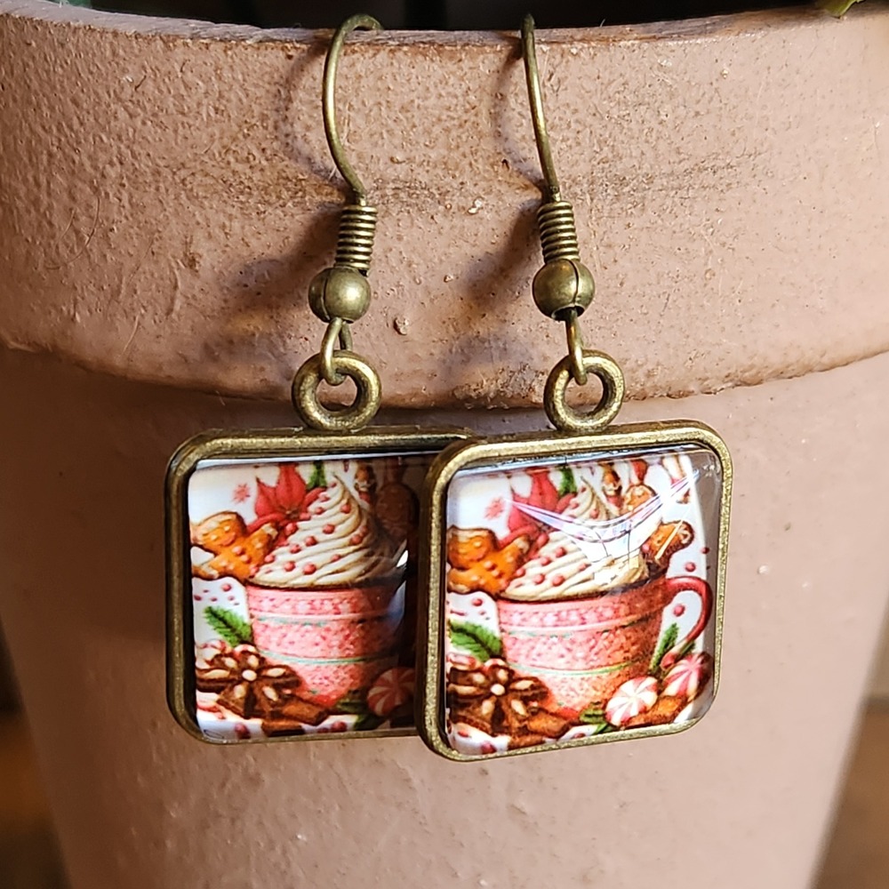Handmade Christmas Hot Cocoa Gingerbread Square Bronze Drop Earrings Holiday 1.5